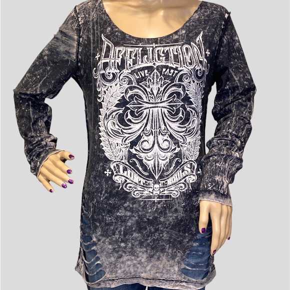 Affliction Distressed Acid-Wash-Look Slashed Long Sleeve Tee Shirt Sz Medium VGC - Picture 7 of 10